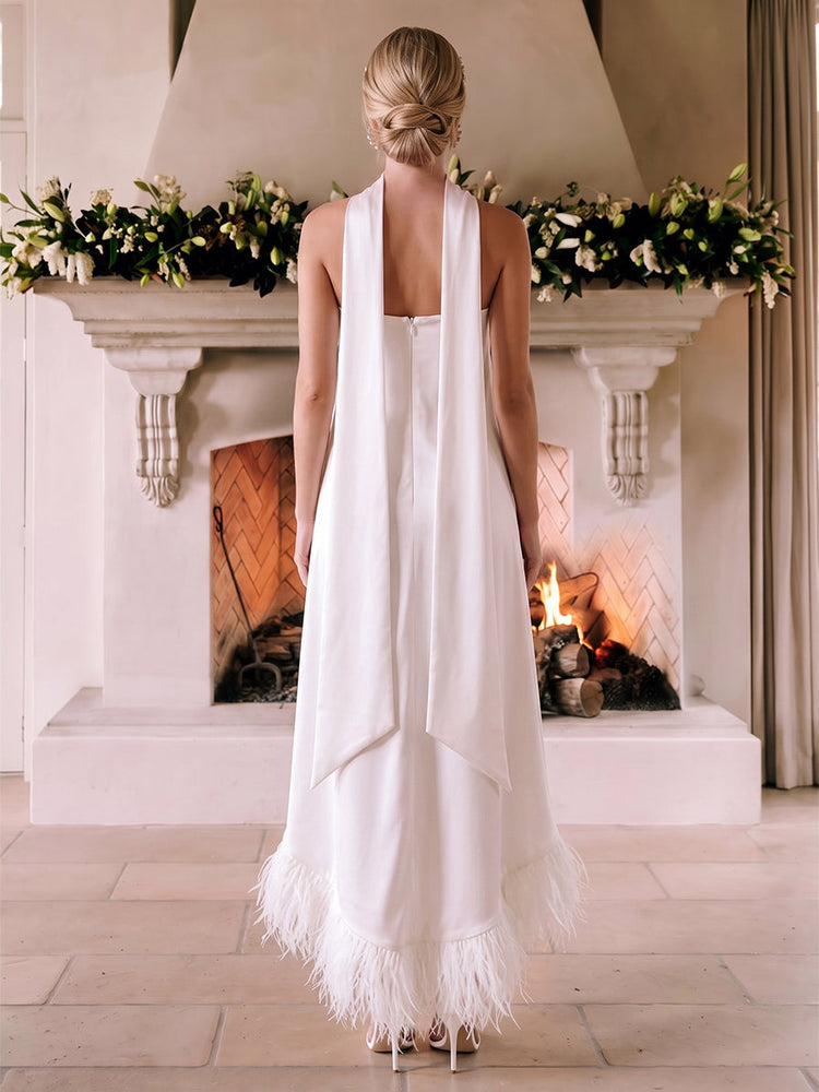 Satin A-Line Strapless EveningDresses with Feathers