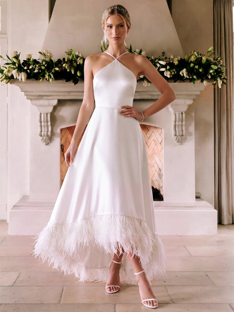 Satin A-Line Halter EveningDresses with Natural Feather Fringe Hem