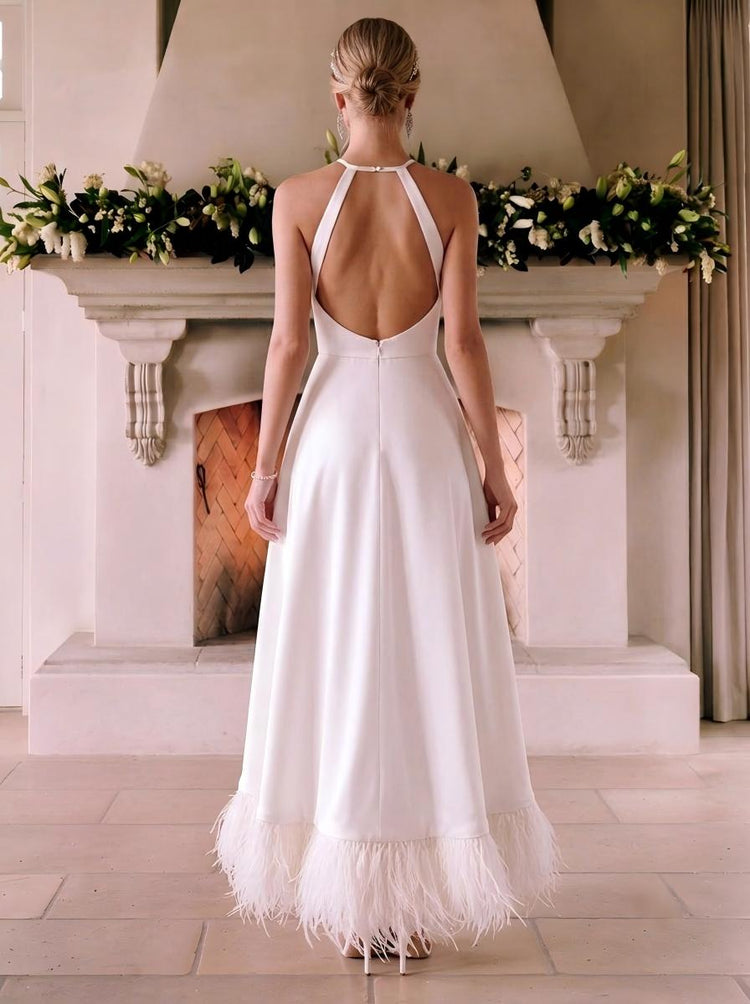 Satin A-Line Halter EveningDresses with Natural Feather Fringe Hem