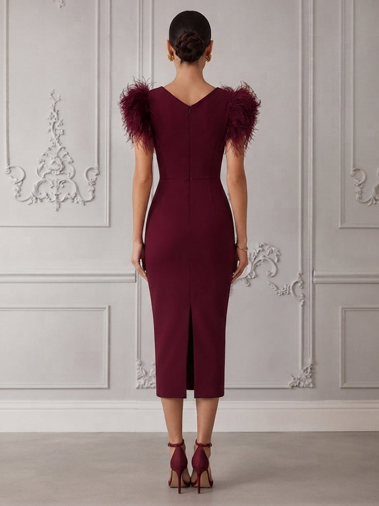 Jersey Bodycon Crew Neck EveningDresses with Feathers