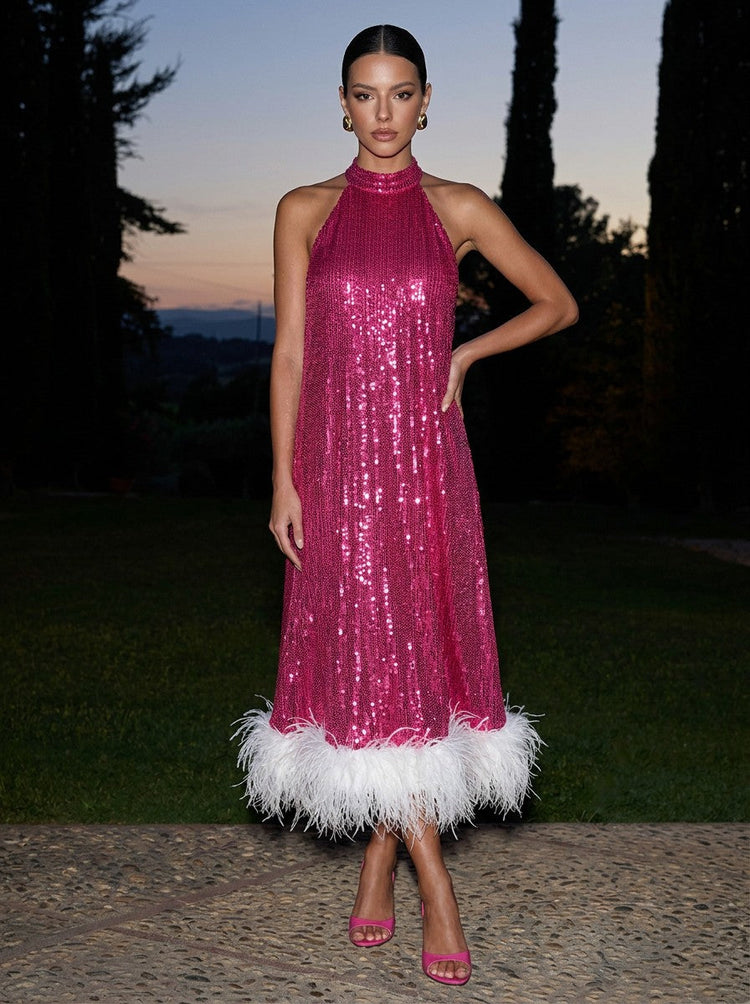Sequin A-Line Halter Midi EveningDresses with Natural Feather Fringe Hem
