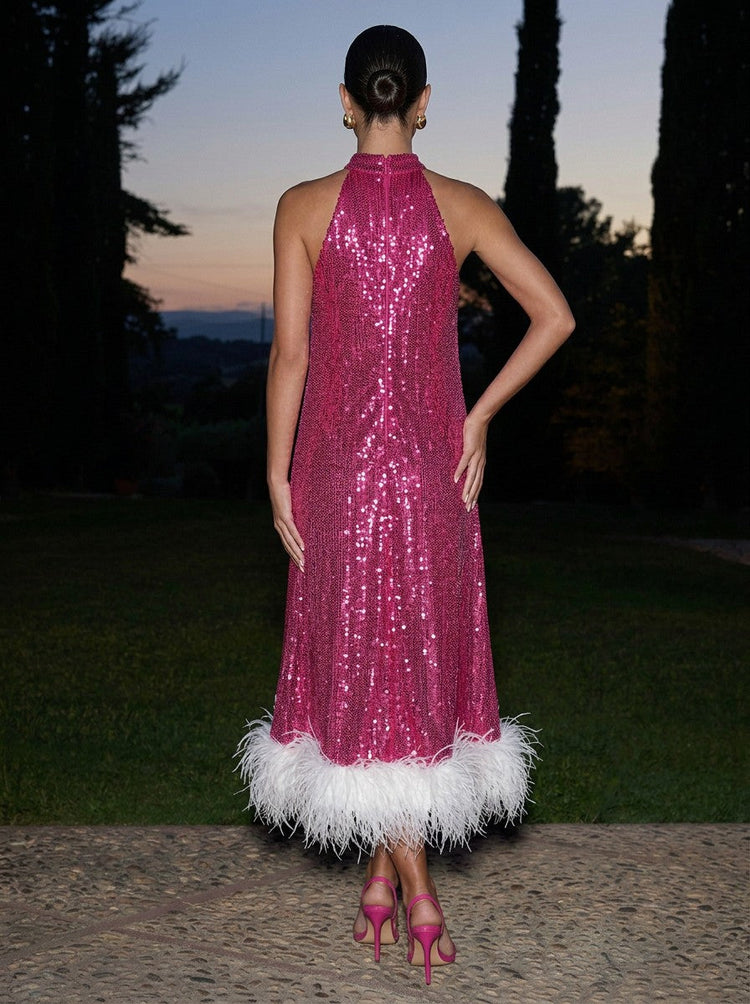 Sequin A-Line Halter Midi EveningDresses with Natural Feather Fringe Hem