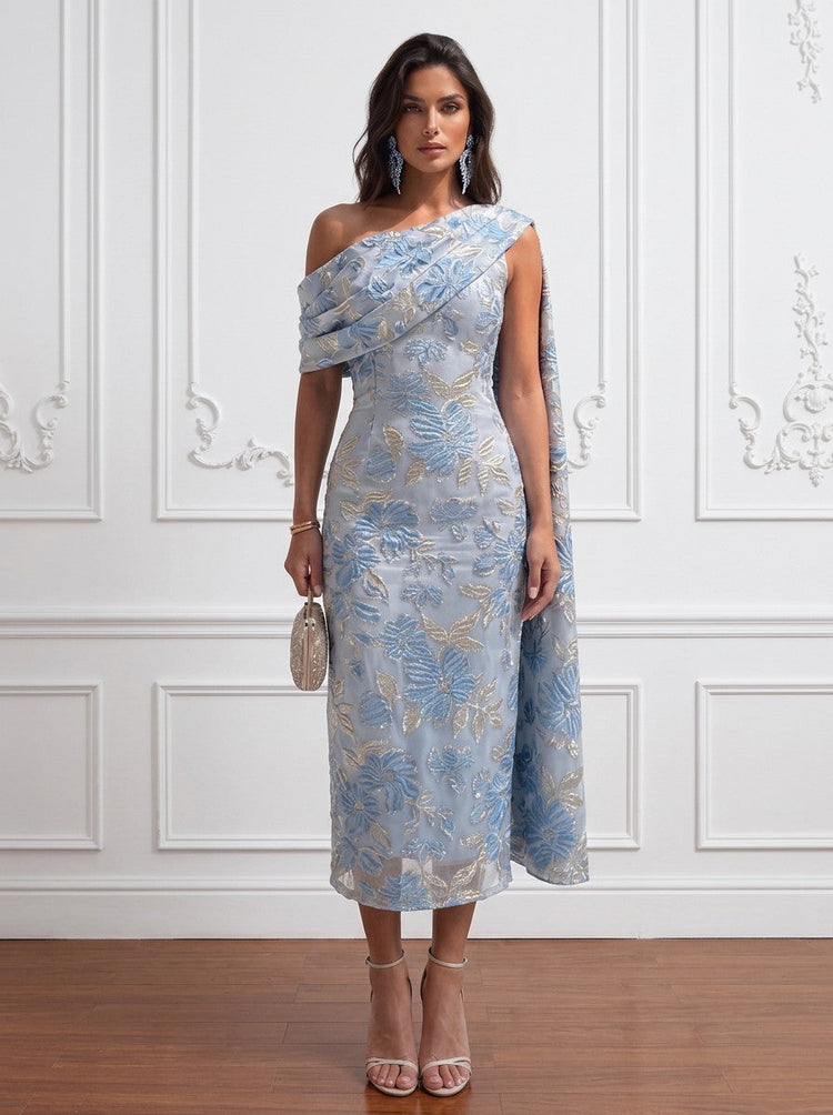 Jacquard Sheath One Shoulder Floral Cocktail Dresses with Sash