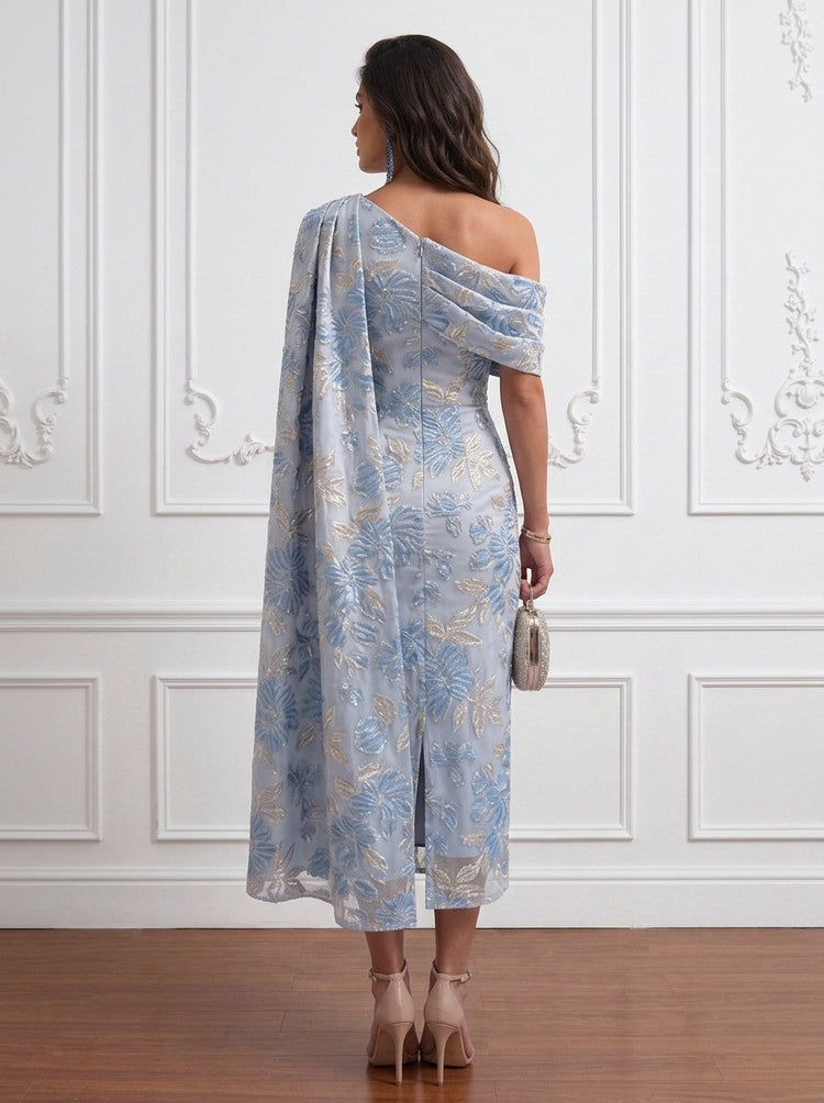 Jacquard Sheath One Shoulder Floral Cocktail Dresses with Sash