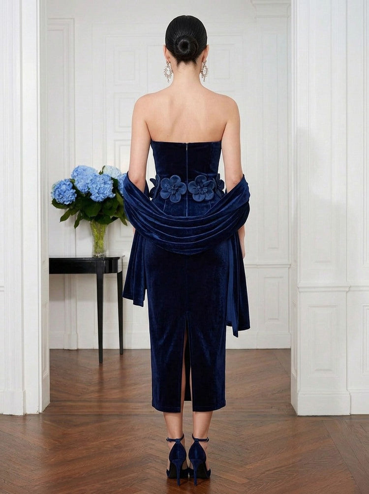 Velvet Sheath Strapless Cocktail Dresses with 3D Flowers & Shawl