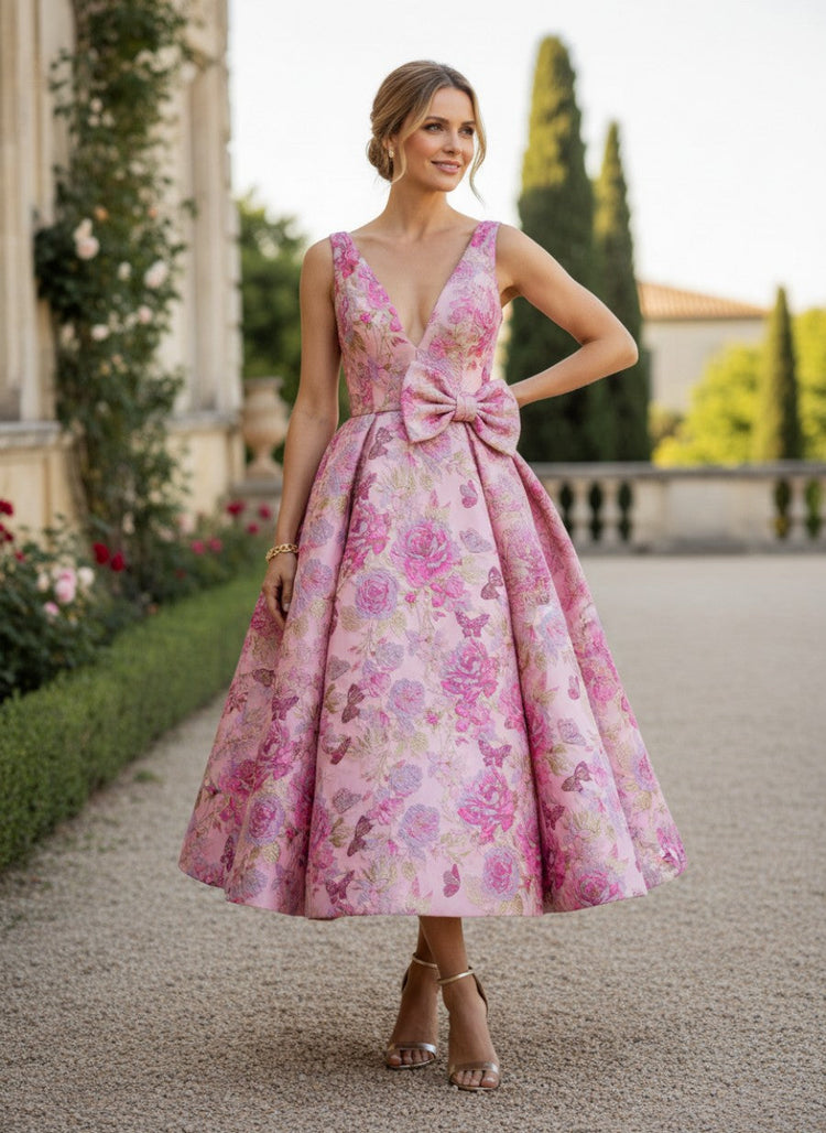 Jacquard A-Line V Neck Cocktail Cocktail Dresses with Bow