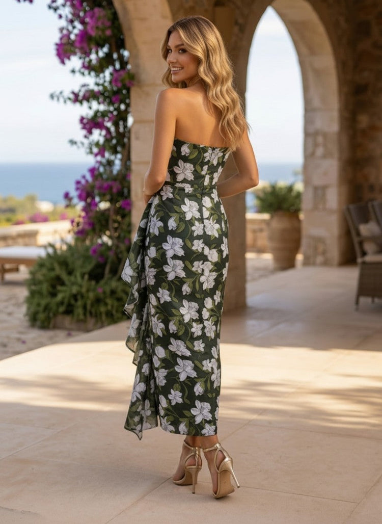 Jacquard Sheath Strapless Cocktail Dresses with Ruffles