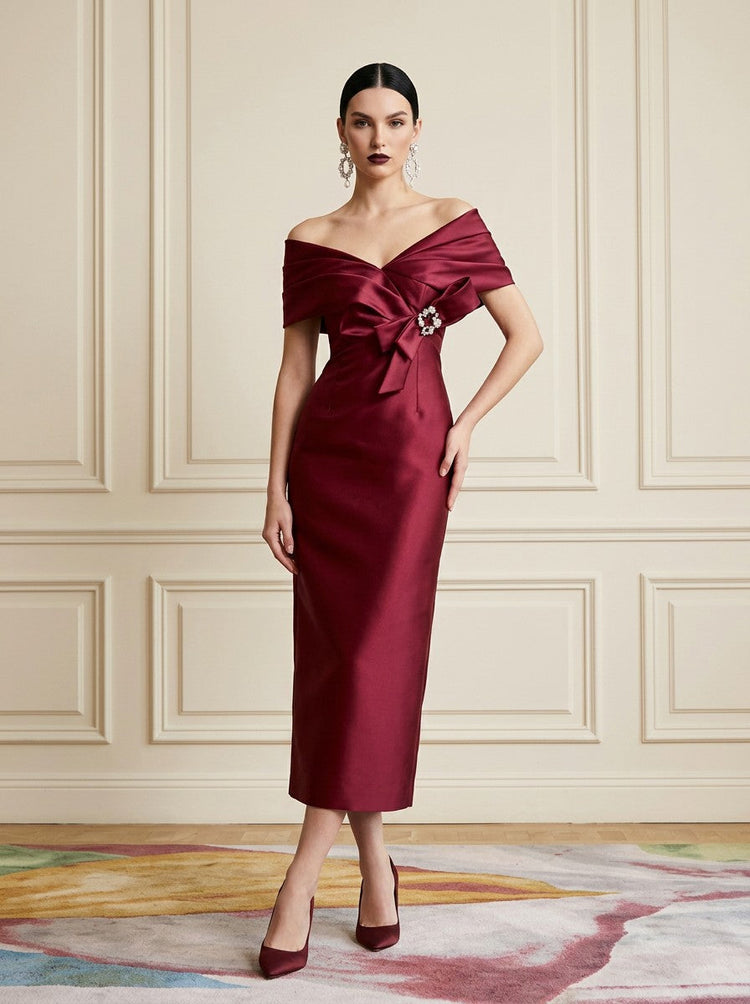 Satin Sheath Off Shoulder Cocktail Dresses with Rhinestone
