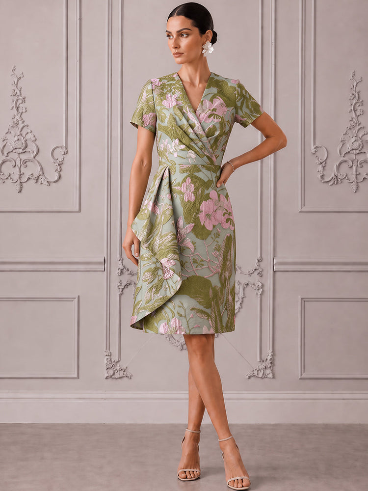 Jacquard A-Line V Neck Cocktail Dresses with Ruffles