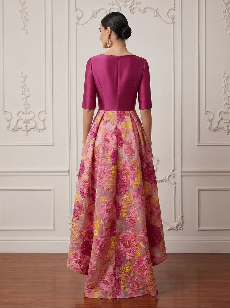 Jacquard A-Line Boat Neck Cocktail Dresses with Floral