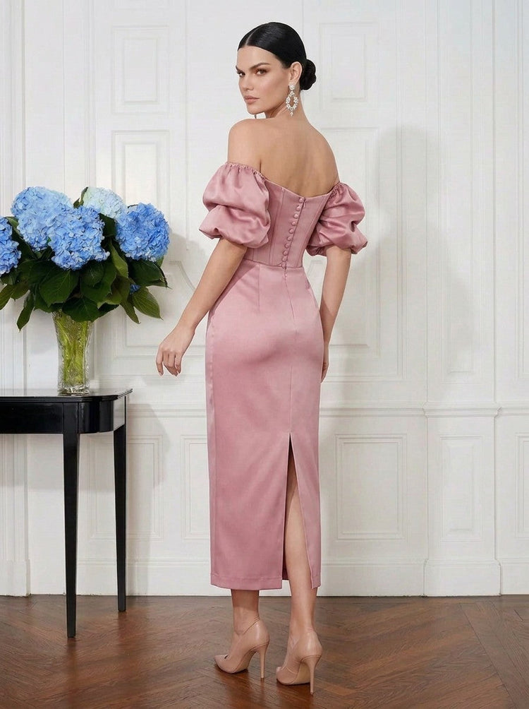 Satin Sheath Off Shoulder Midi Cocktail Dresses with Corset Bodice