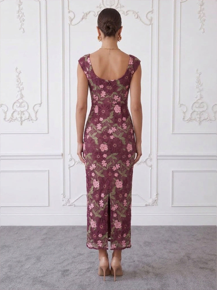 3D Flower Lace Sheath Sweetheart Midi Cocktail Dresses with Floral Embroidery