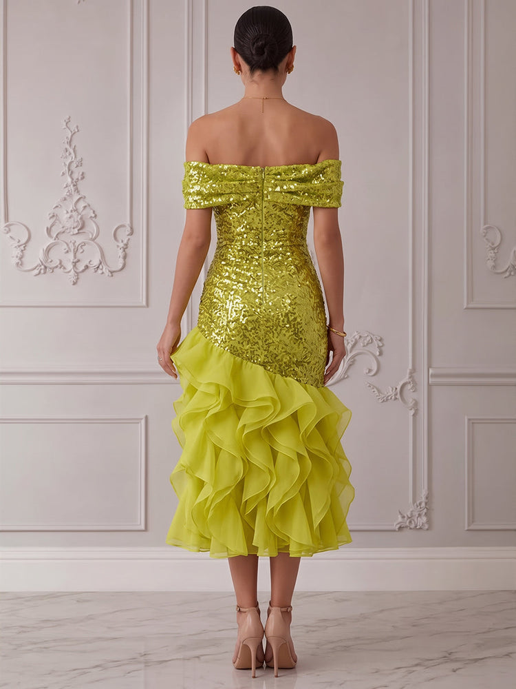 Sequins Organza Mermaid Off Shoulder Midi Cocktail Dresses with Ruffles