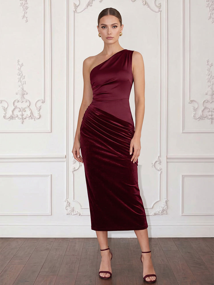 Velvet Sheath One Shoulder Midi Cocktail Dresses with Pleated