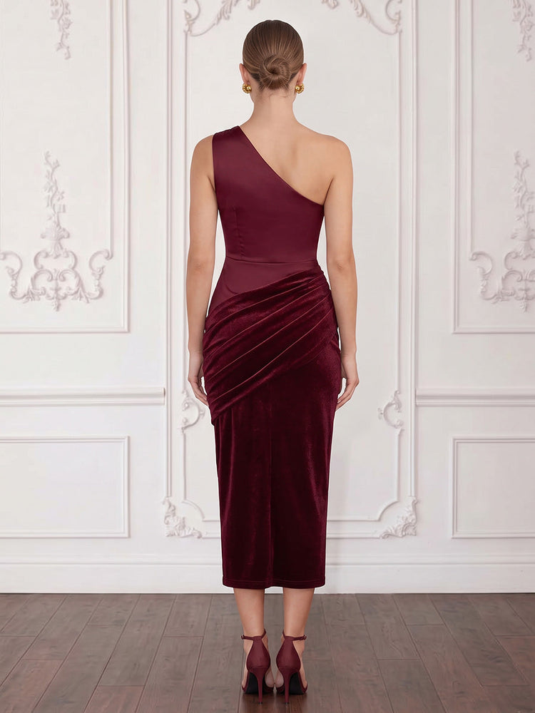 Velvet Sheath One Shoulder Midi Cocktail Dresses with Pleated