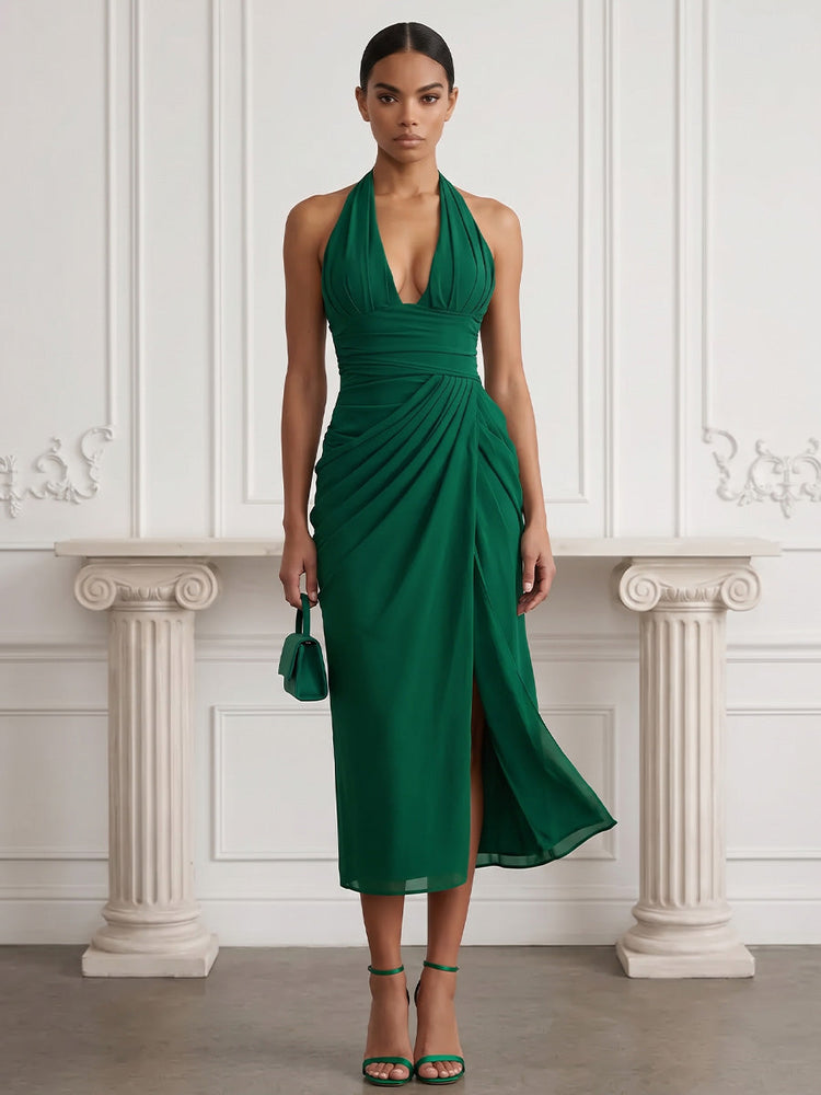 Chiffon Sheath Halter Midi Cocktail Dresses with Side Slit