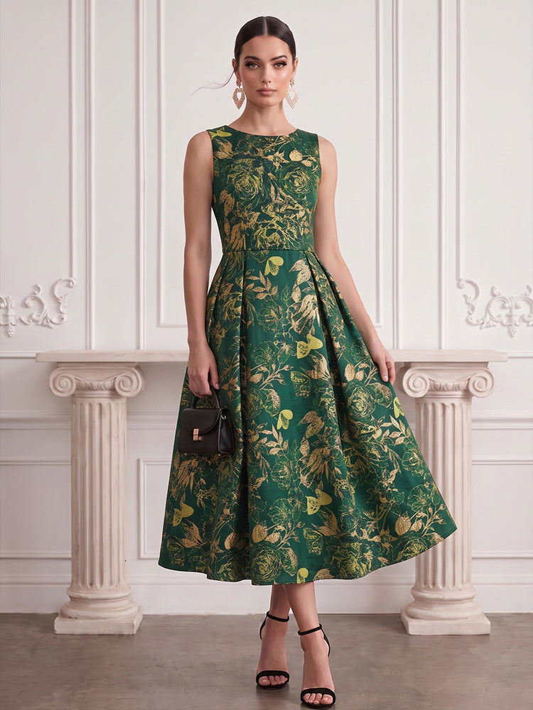 Jacquard A-Line Crew Neck Midi Cocktail Dresses with Floral
