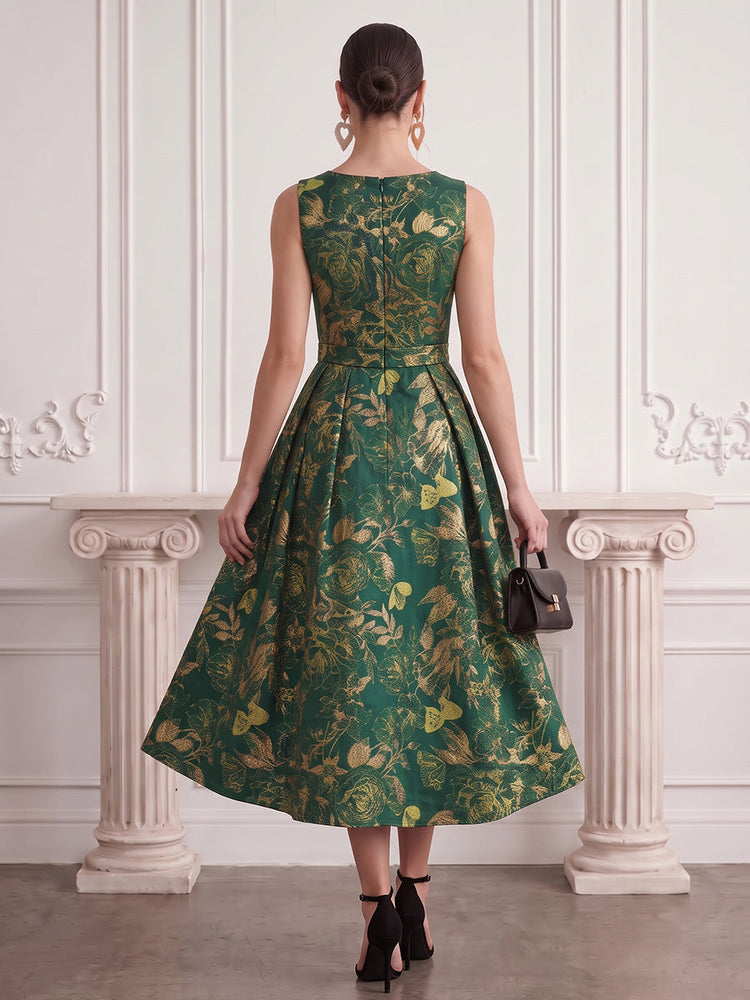 Jacquard A-Line Crew Neck Midi Cocktail Dresses with Floral