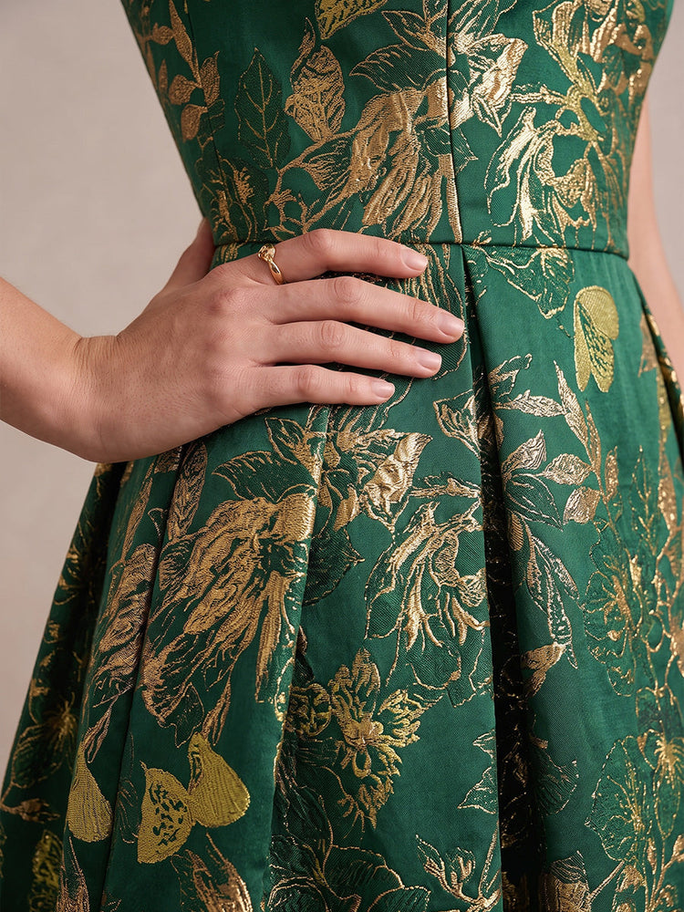Jacquard A-Line Crew Neck Midi Cocktail Dresses with Floral