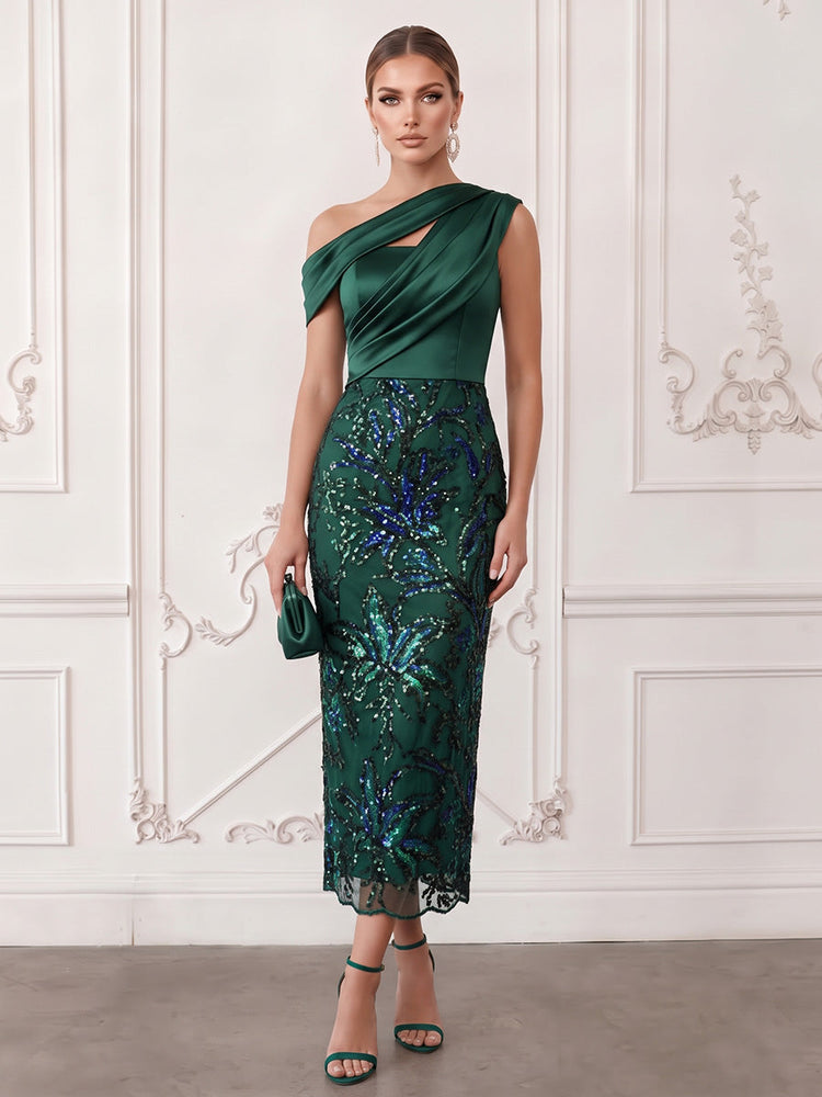 Satin Sheath One Shoulder Midi Cocktail Dresses with Sequin Embroidery