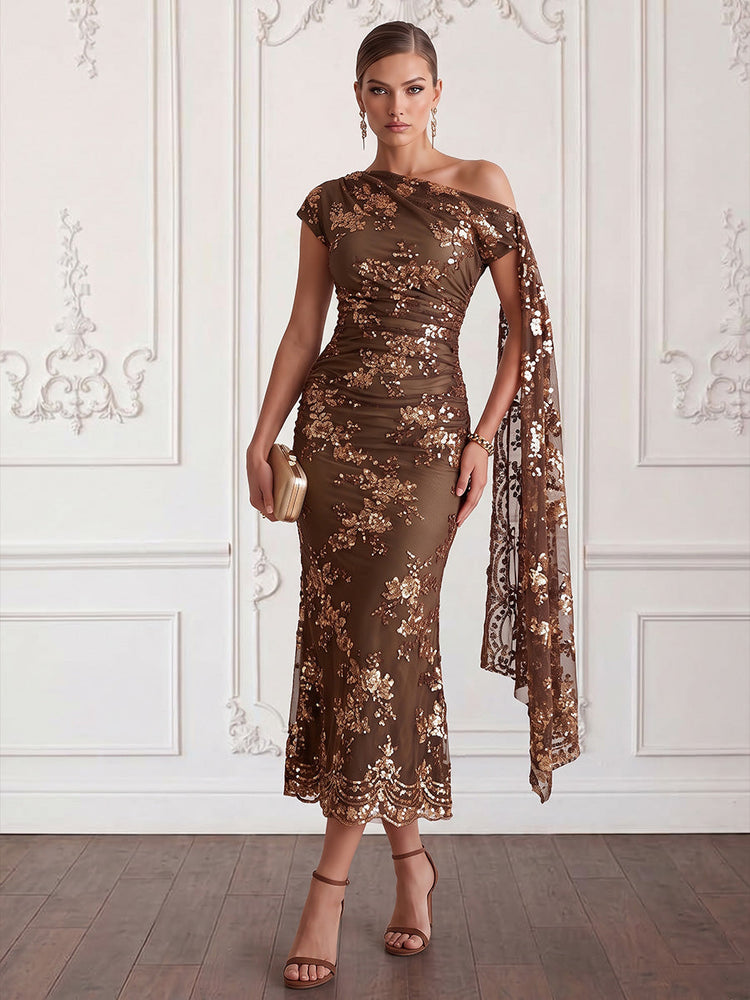 Sequins Sheath One Shoulder Midi Cocktail Dresses with Sequin Embroidery