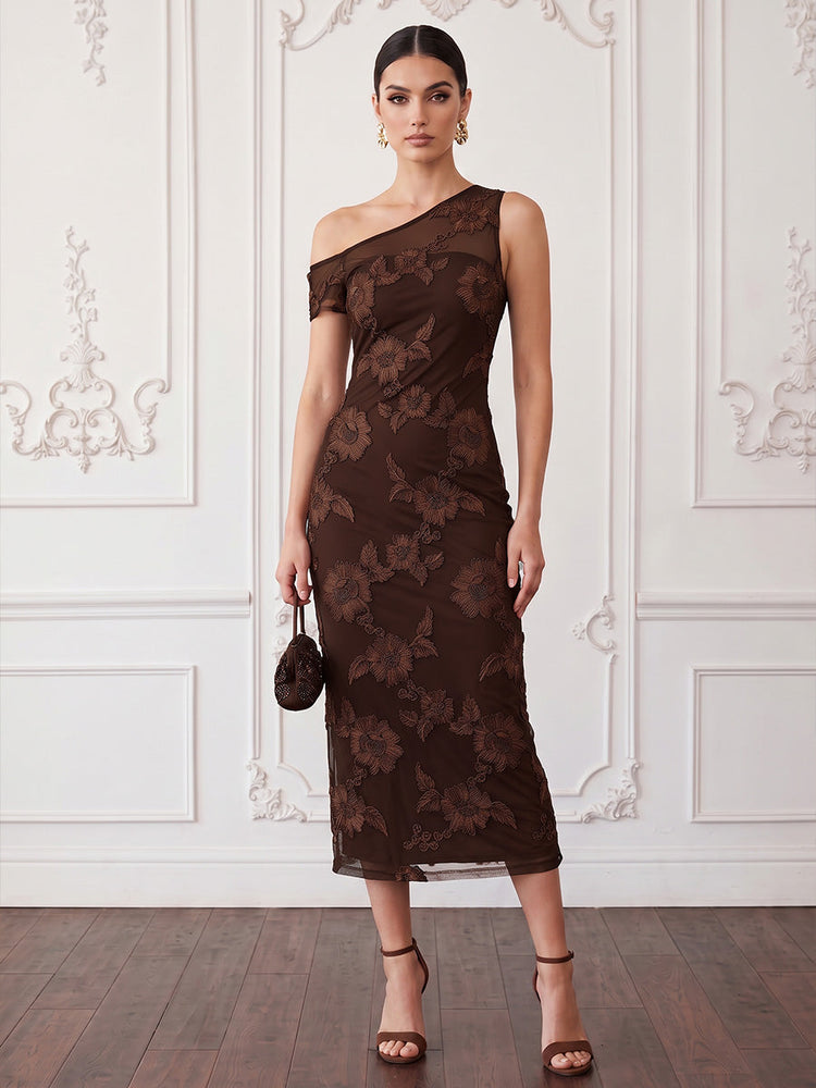 Tulle Sheath One Shoulder Midi Cocktail Dresses with Ribbon 3D Flower