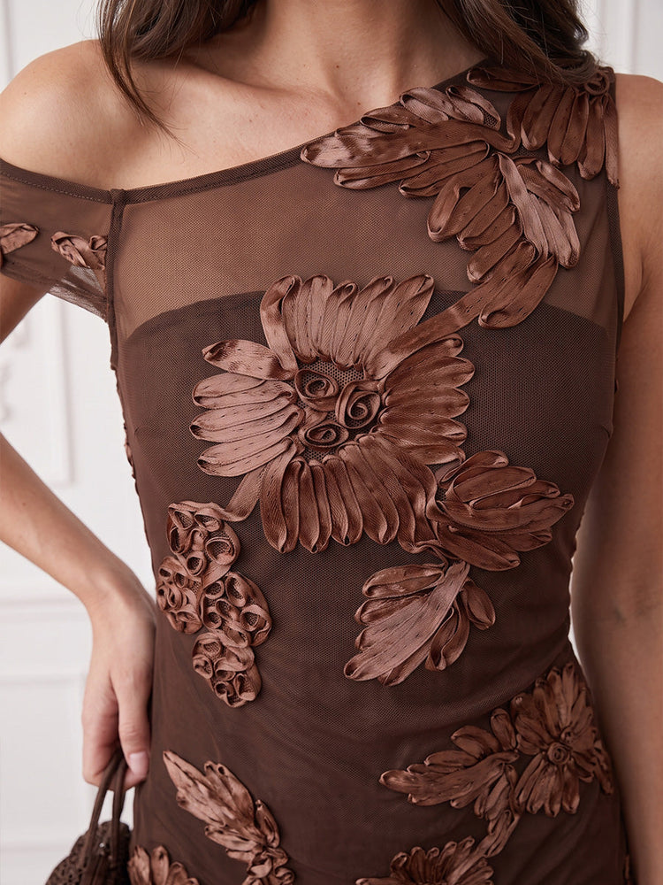 Tulle Sheath One Shoulder Midi Cocktail Dresses with Ribbon 3D Flower