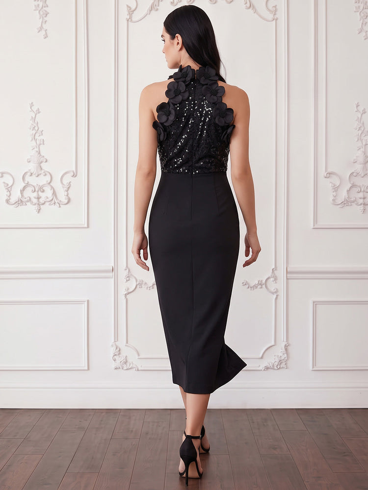 Jersey Sheath Halter Midi Cocktail Dresses with 3D Flowers