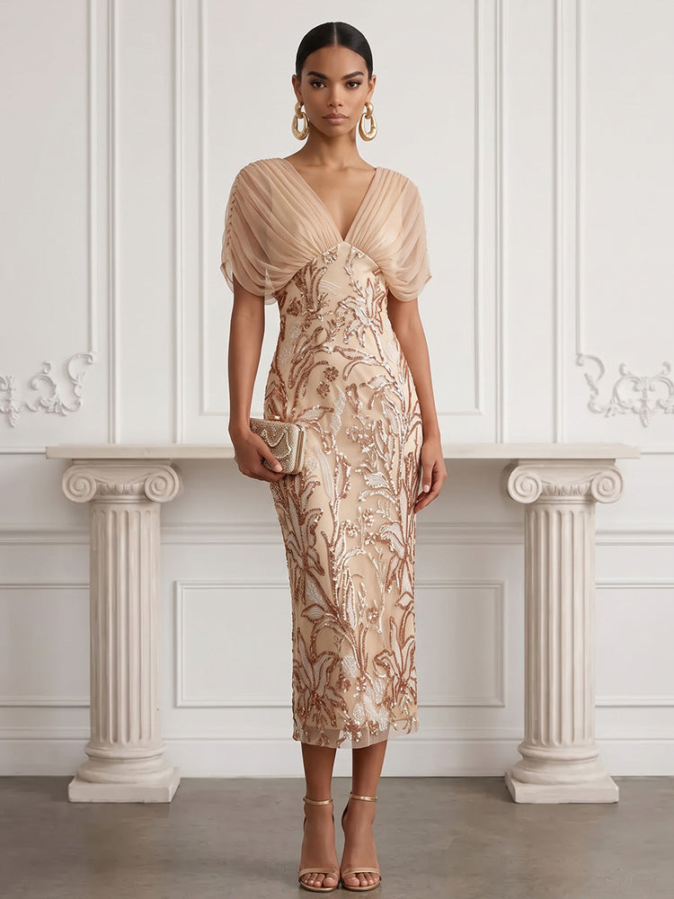 Chiffon Sheath V Neck Midi Cocktail Dresses with Sequin Embroidery