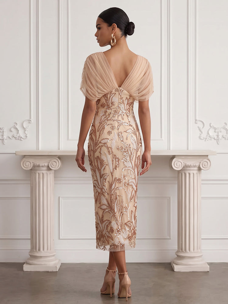Chiffon Sheath V Neck Midi Cocktail Dresses with Sequin Embroidery