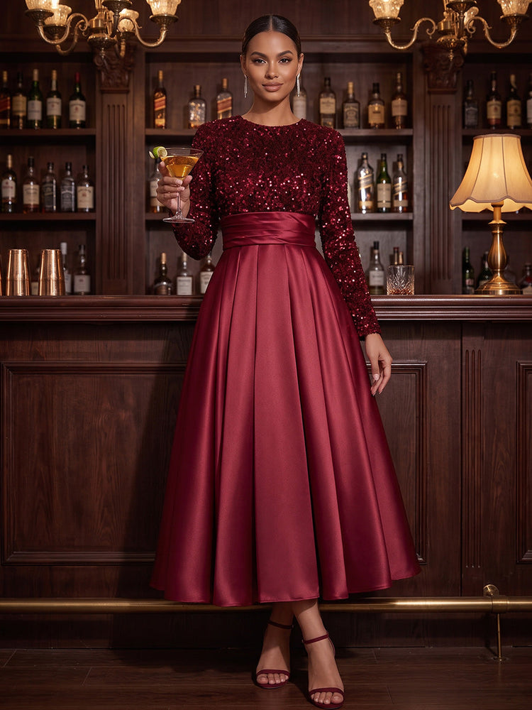 Satin A-Line Crew Neck Midi Cocktail Dresses with Sequins