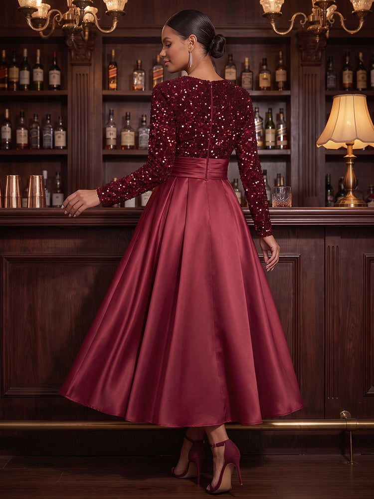 Satin A-Line Crew Neck Midi Cocktail Dresses with Sequins