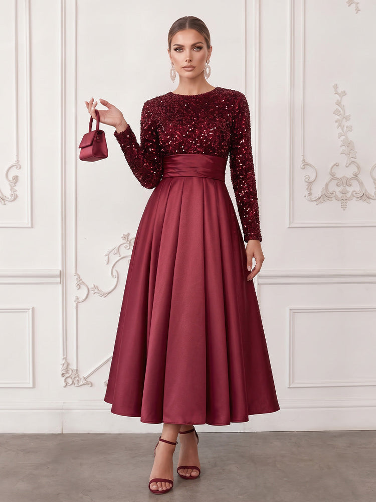 Satin A-Line Crew Neck Midi Cocktail Dresses with Sequins