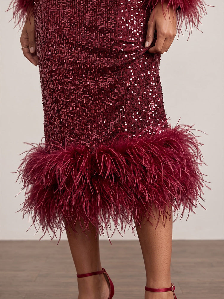 Sequins Sheath Crew Neck Midi Cocktail Dresses with Feathers
