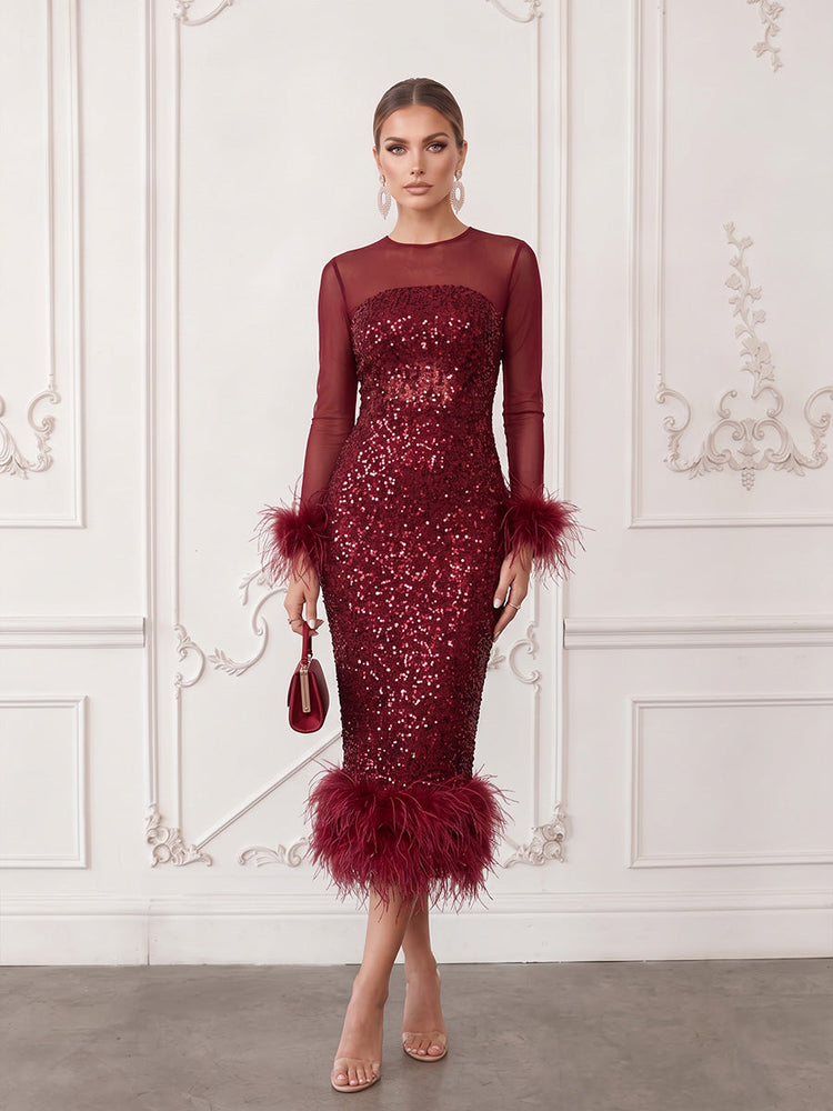 Sequins Sheath Crew Neck Midi Cocktail Dresses with Feathers