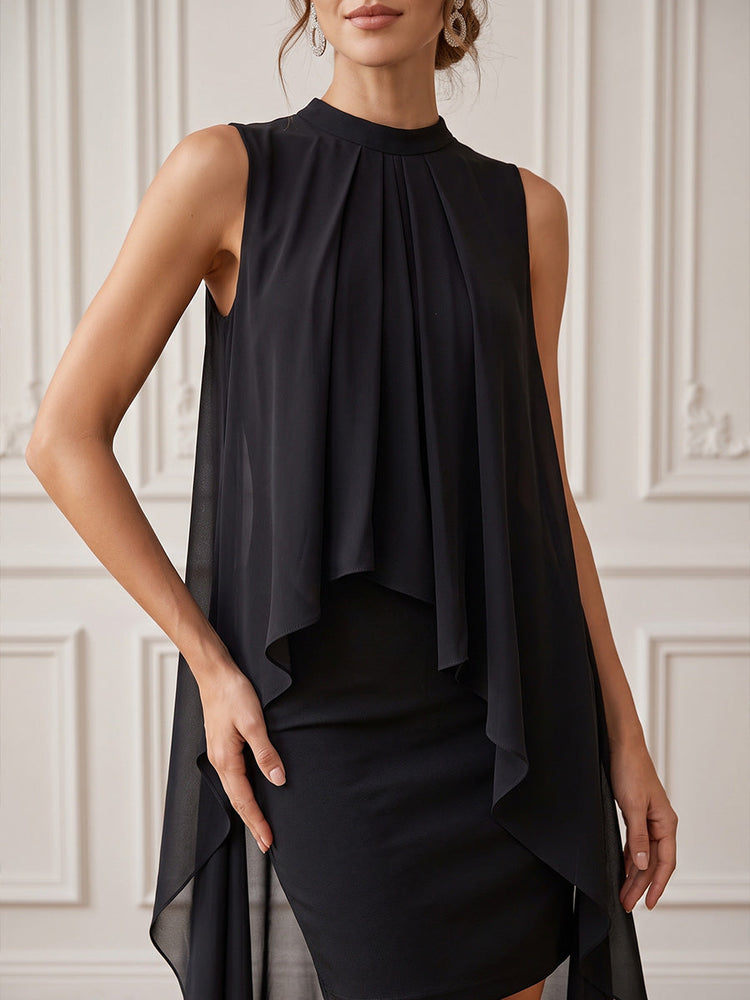 Chiffon Sheath High Neck Midi Cocktail Dresses with Ruffles