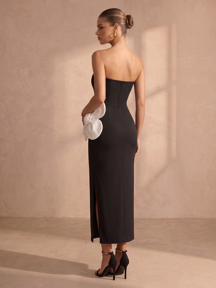 Jersey Sheath Strapless Midi Cocktail Dresses with Oversized 3D Flower