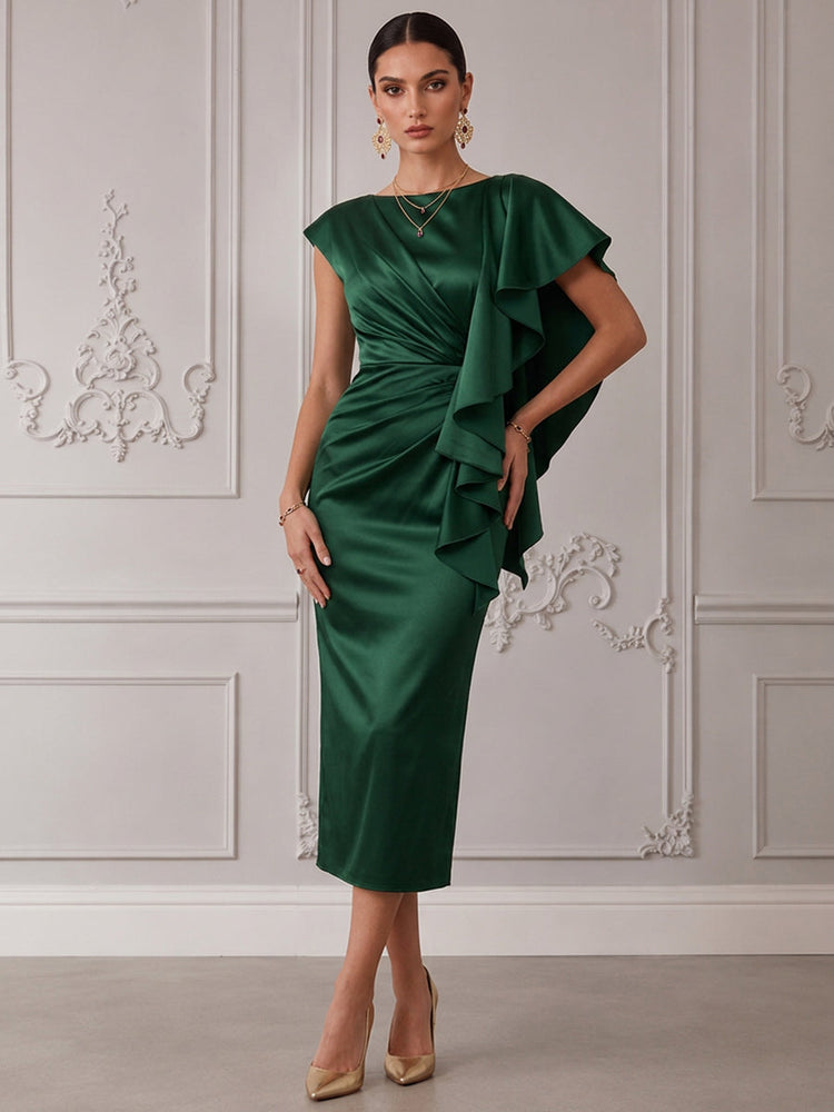 Satin Sheath Boat Neck Cocktail Dresses with Ruffles