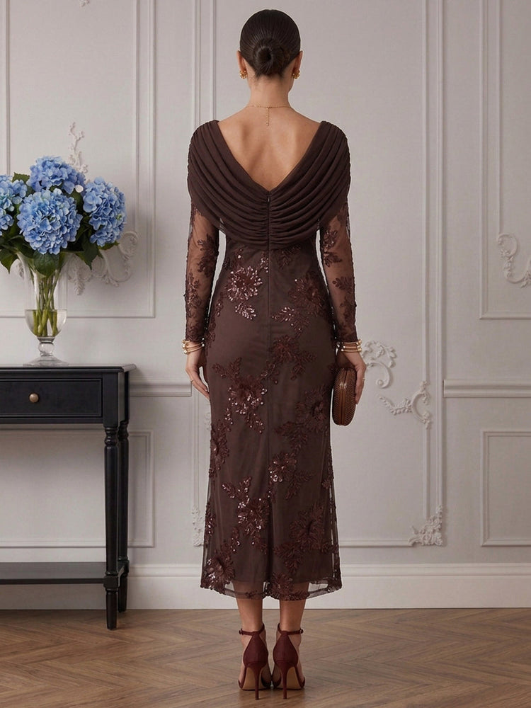 Mesh Mermaid Cowl Neck Cocktail Dresses with Floral Sequin Embroidery