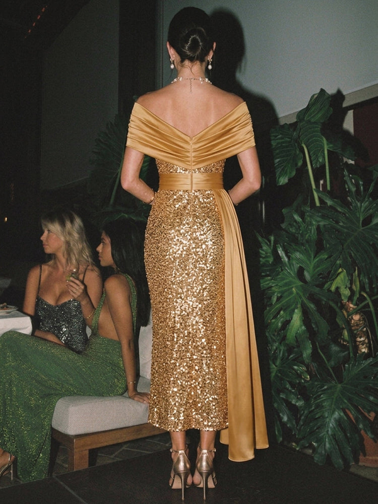 Sequins Mermaid Off Shoulder Cocktail Dresses with Draped Side Sash