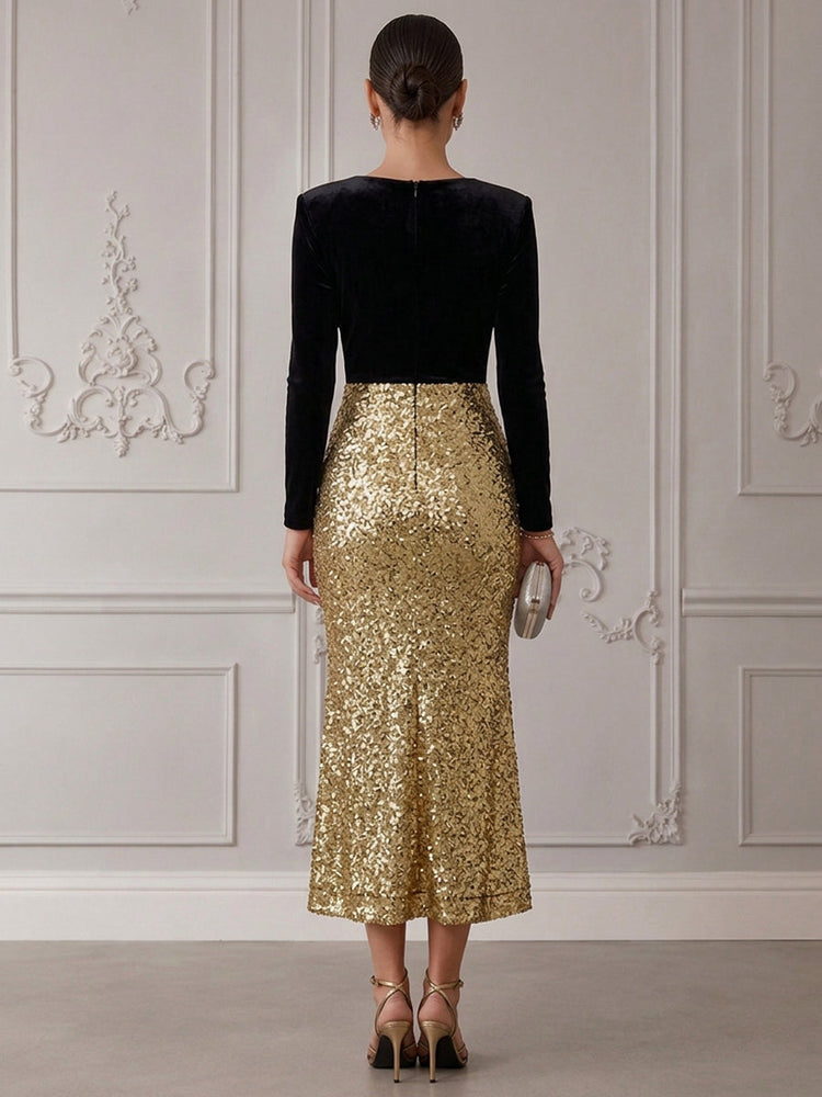 Sequins Mermaid V Neck Cocktail Dresses with Velvet Bodice