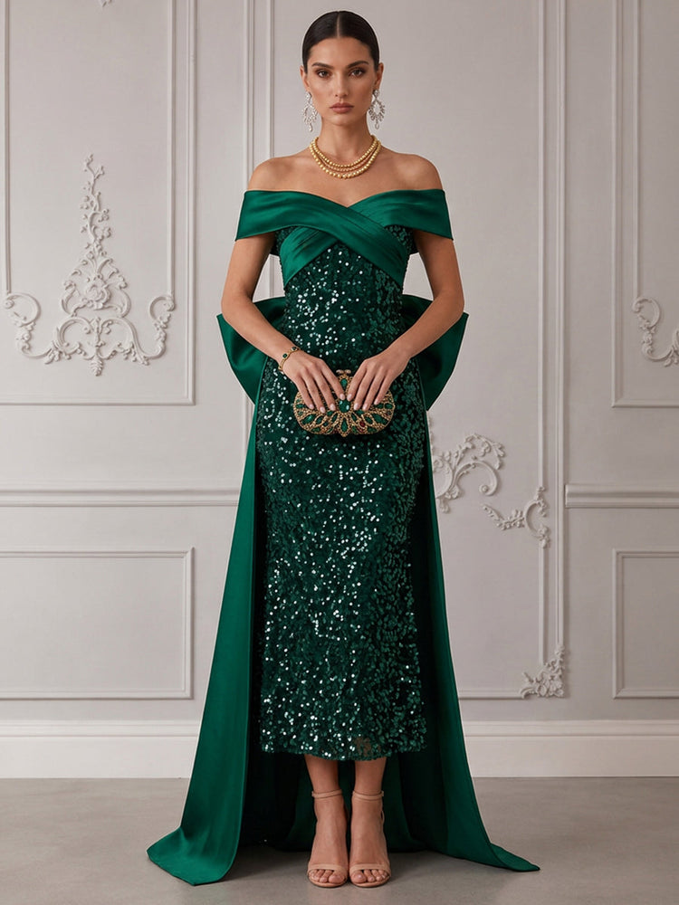 Sequins Mermaid Off Shoulder Cocktail Dresses with Oversized Bow