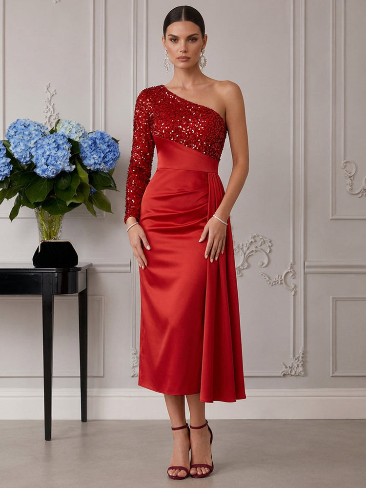 Satin Sheath One Shoulder Cocktail Dresses with Draped Side Sash