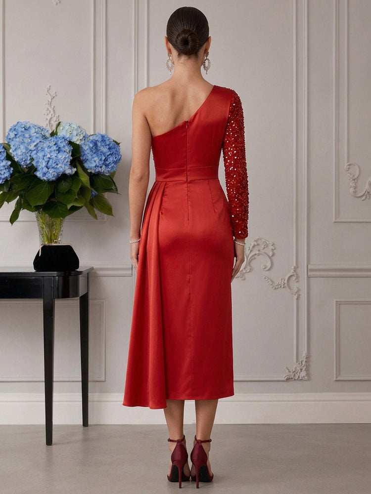 Satin Sheath One Shoulder Cocktail Dresses with Draped Side Sash