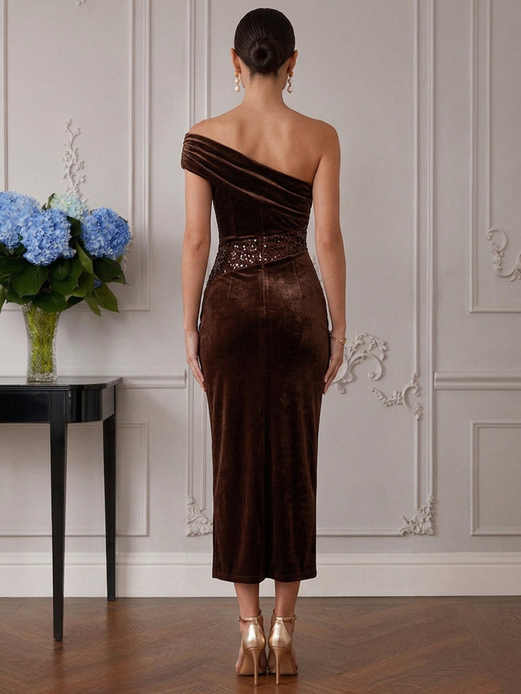Velvet Mermaid One Shoulder Cocktail Dresses with Sequins