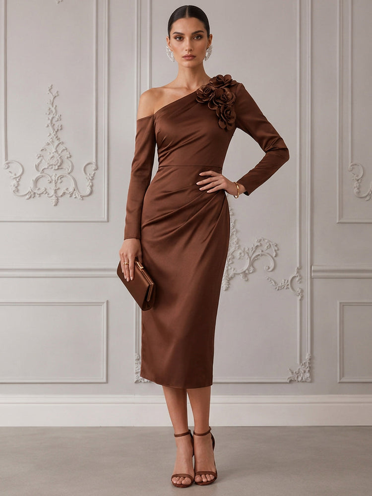 Satin Sheath One Shoulder Cocktail Dresses with 3D Flowers