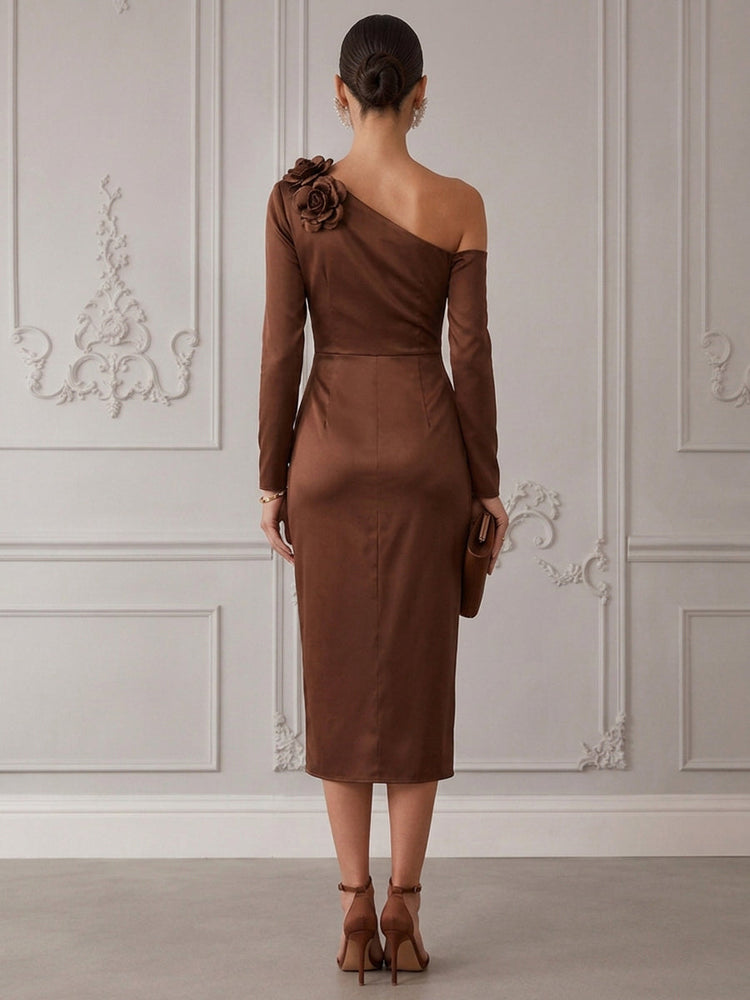 Satin Sheath One Shoulder Cocktail Dresses with 3D Flowers