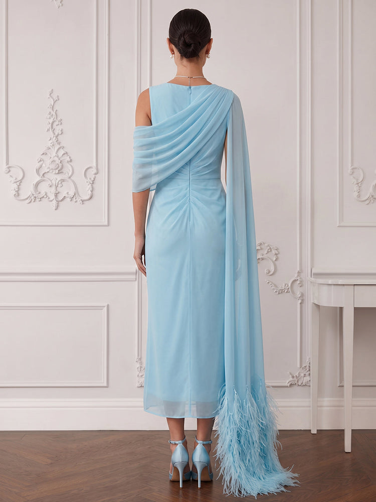 Chiffon Sheath Boat Neck Cocktail Dresses with Sheer Chiffon Flowing Cape