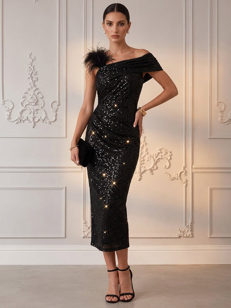 Sequins Mermaid Asymmetric Neck Cocktail Dresses with Feathers