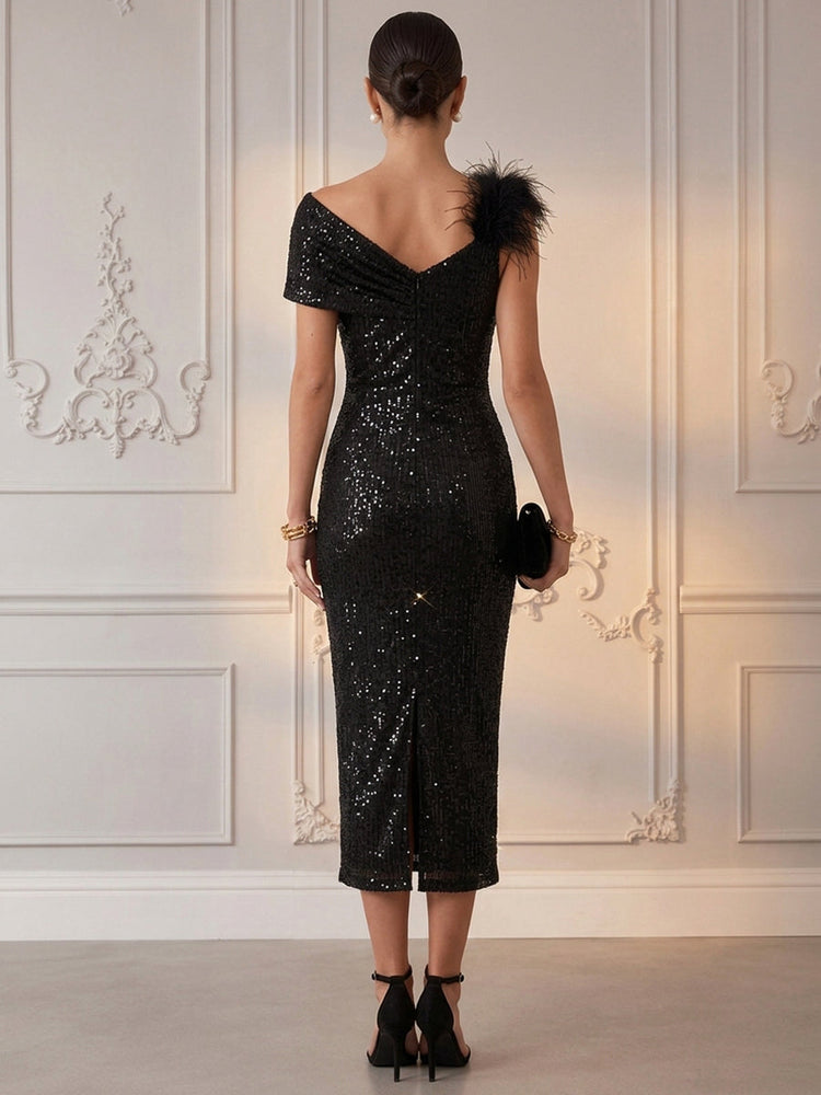 Sequins Mermaid Asymmetric Neck Cocktail Dresses with Feathers